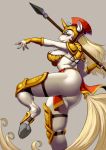  2018 anthro armor breasts butt clothed clothing equine female gauntlets gloves hair helmet hi_res hooves horn horse loincloth mammal mane melee_weapon polearm pony psycoil_(artist) red_eyes side_boob skimpy spear warrior weapon 
