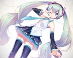  bad_id bad_pixiv_id blue_eyes detached_sleeves green_hair hatsune_miku highres long_hair necktie niwashi_(yuyu) one_eye_closed pointing skirt smile solo thighhighs twintails v very_long_hair vocaloid 