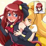  1boy 2girls avy417 bad_id bad_pixiv_id black_gloves blonde_hair blue_eyes blush breast_grab breasts cure_honey dual_persona elbow_gloves embarrassed genderswap genderswap_(mtf) gloves grabbing hair_ornament hair_ribbon hairpin happinesscharge_precure! long_hair multiple_girls oomori_yuuko phantom_(happinesscharge_precure!) ponytail precure red_hair ribbon sweat unlovely_(happinesscharge_precure!) wide_ponytail 