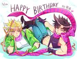  black_hair blonde_hair blue_eyes boots bow caesar_anthonio_zeppeli green_eyes green_jacket hair_bow jacket jojo_no_kimyou_na_bouken joseph_joestar_(young) midriff multiple_boys nightcat one_eye_closed purple_hair ribbon scarf striped striped_scarf 