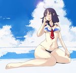  bare_shoulders barefoot bikini black_hair breasts cloud curvy day gensokigou kantai_collection medium_breasts navel neckerchief red_eyes short_hair solo swimsuit taigei_(kantai_collection) thick_thighs thighs wide_hips 