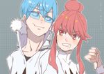  1girl bad_id bad_pixiv_id blue_hair clenched_teeth glasses hair_bun inumuta_houka ishihara_saika jakuzure_nonon kill_la_kill no_hat no_headwear pink_hair smirk teeth thumbs_down 