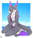  breasts drakeraynier female fur grey_fur purple_fur sergal smile solo swimsuit white_fur yellow_eyes 