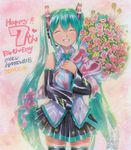  2014 bouquet character_name closed_eyes dated detached_sleeves flower green_hair grin happy_birthday hatsune_miku headset highres long_hair mayo_riyo skirt smile solo spring_onion thighhighs twintails very_long_hair vocaloid 
