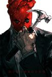 copyright_name dorohedoro formal hammer holding holding_weapon looking_at_viewer male_focus mask necktie shin_(dorohedoro) shishio solo stitches weapon 