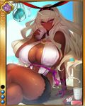  arm_support artist_request beach blonde_hair breasts cleavage crossed_legs cutoffs dark_skin day food fruit hairband itou_ittousai_(sengoku_bushouki_muramasa) jpeg_artifacts large_breasts long_hair official_art outdoors pink_eyes ribbon rope sengoku_bushouki_muramasa sitting sky slingshot_swimsuit solo swimsuit water watermelon 