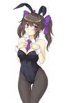  alternate_costume animal_ears bare_shoulders black_hair black_legwear blush bow breasts bunny_ears bunny_girl bunny_tail bunnysuit cleavage hair_bow himekaidou_hatate isaki_(gomi) long_hair looking_at_viewer medium_breasts pantyhose pointy_ears purple_eyes simple_background solo tail touhou white_background wrist_cuffs 