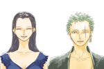  1boy 1girl ^_^ black_hair blue_shirt closed_eyes commentary_request earrings green_hair hair_slicked_back japanese_clothes jewelry kimono long_hair looking_at_viewer nico_robin nikoban one_piece open_mouth roronoa_zoro scar scar_across_eye scar_on_face shirt short_hair simple_background smile stitched_torso stitches white_background 