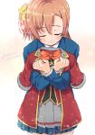  1girl blue_jacket blue_skirt blush brown_hair closed_eyes closed_mouth cowboy_shot eighth_note facing_viewer highres holding holding_unworn_clothes jacket kosaka_honoka long_sleeves love_live! love_live!_school_idol_project miniskirt musical_note one_side_up otonokizaka_school_uniform pleated_skirt school_uniform sen_(sen0910) short_hair skirt solo standing 