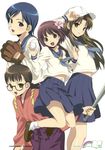  absurdres baseball baseball_bat baseball_cap baseball_mitt blue_eyes blue_hair bob_cut braid brown_eyes brown_hair flower glasses hair_flower hair_ornament hairclip hat hat_tip highres japanese_clothes kawashima_noe koutaro long_hair midriff multiple_girls ogasawara_akiko scan school_uniform serafuku short_hair suzukawa_koume taishou_yakyuu_musume tsukubae_tomoe 