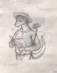 anthro belt belt_buckle book bottomwear buckle clothed clothed_anthro clothed_male clothing farmer hat headgear headwear hoe holding_book holding_object lizard lizard_tail looking_at_viewer male pants reptile reynard_goodfellow scalie shirt solo straw_hat tail text text_on_book tools topwear wearing_hat