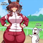  1girl 1other animal_ears blue_sky blush braid braided_hair_rings breasts brown_hair commentary ear_covers ear_ornament gentildonna_(umamusume) hair_between_eyes hair_ornament hair_rings hands_on_own_hips heart heart-shaped_ornament heart_ear_ornament height_difference highres horse_ears horse_girl horse_tail jacket large_breasts long_hair nervous_sweating outdoors pants purple_eyes red_eyes red_jacket red_nails red_pants red_track_suit seireiart skull sky smile sweat t-head_trainer_(umamusume) tail tracen_training_uniform track_jacket track_pants track_suit trainer_(umamusume) umamusume 