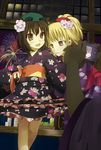  aerial_fireworks alternate_hairstyle animal_ears bad_id bad_pixiv_id blonde_hair brown_hair camera cat_ears chen fireworks flower hair_flower hair_ornament hat hidebo japanese_clothes kimono multiple_girls no_hat no_headwear touhou yakumo_ran yakumo_yukari 