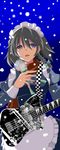  be_(o-hoho) checkered electric_guitar grey_hair guitar instrument izayoi_sakuya maid_headdress purple_eyes short_hair snowing solo touhou 