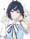  1boy ahoge black_hair blue_streaks blue_vest bob_cut bow bowtie brooch choker colored_inner_hair commentary_request ensemble_stars! floral_background flower grey_choker grin hand_on_own_ear highres inuga_suki0_0 jewelry light_blush looking_at_viewer male_focus multicolored_hair puffy_sleeves purple_eyes sagiri_esu shirt short_hair smile solo sparkle streaked_hair twitter_username vest watch white_background white_bow white_bowtie white_shirt wristwatch 