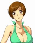  bare_shoulders breasts brown_eyes brown_hair cleavage front-tie_top hairu large_breasts short_hair simple_background solo super_real_mahjong toyohara_etsuko 