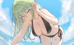  bare_arms bikini black_bikini breasts daltokki34 green_eyes green_hair hair_between_eyes hand_on_own_ear highres large_breasts long_hair navel ocean stellive swimsuit thigh_gap thighs yuzuha_riko 