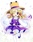  :d ;d bad_id bad_pixiv_id blonde_hair embellished_costume frills hair_ribbon hand_on_headwear hat midriff moriya_suwako natsukawa_sarasa navel one_eye_closed open_mouth purple_eyes ribbon short_hair smile solo standing standing_on_one_leg thighhighs touhou turtleneck white_legwear wide_sleeves 