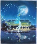  amano_miyabi bad_id bad_pixiv_id blonde_hair floating from_behind full_moon hat lake looking_afar male_focus mansion moon night night_sky original reflection sky solo star_(sky) starry_sky 