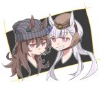  2girls animal_ears beanie beer_hsk black_background brown_hair brown_hat ear_covers ears_through_headwear gold_ship_(umamusume) grey_hair grey_hat grin hair_between_eyes hat horse_ears long_hair mini_hat mouth_hold multiple_girls nakayama_festa_(umamusume) purple_eyes smile striped_clothes striped_headwear two-tone_background umamusume vertical-striped_clothes vertical-striped_headwear white_background 