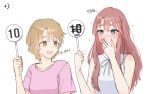  2girls ayatsumugi_roka bare_shoulders blue_eyes blush brown_eyes brown_hair cho_kaguya-hime! collarbone commentary_request covering_own_mouth crying crying_with_eyes_open hand_over_own_mouth heart highres holding holding_sign isayama_mami korean_commentary korean_text looking_at_another multiple_girls pink_hair pink_shirt score shirt short_hair short_sleeves sign small_sweatdrop tears translation_request white_background xp0p0p0x 