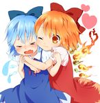  &gt;_&lt; :3 achi_cirno alternate_color alternate_element bad_id bad_pixiv_id blue21 blue_hair bow cirno closed_eyes dual_persona fiery_wings fire hair_bow heart hug hug_from_behind multiple_girls red_eyes red_hair ribbon short_hair tears touhou wings 