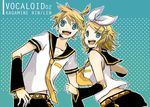  1girl belt blonde_hair blue_eyes brother_and_sister buzz detached_sleeves hair_ornament hair_ribbon hairclip headset kagamine_len kagamine_rin necktie ponytail ribbon sailor_collar short_hair short_ponytail shorts siblings smile twins vocaloid yellow_neckwear 