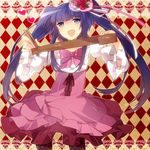  bad_id bad_pixiv_id bow chopsticks dress fang flower furudo_erika pantyhose pink_bow solo tape towa1 umineko_no_naku_koro_ni 