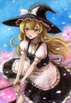  blonde_hair blush braid broom cherry_blossoms hat kirisame_marisa oil_painting_(medium) solo tafuto touhou traditional_media witch witch_hat yellow_eyes 