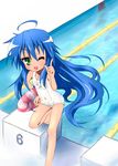  ;3 ;d ahoge bangs barefoot blue_hair blush covered_navel dutch_angle feet flat_chest green_eyes hand_on_hip holding innertube izumi_konata lane_line leg_up long_hair looking_at_viewer lucky_star mole mole_under_eye name_tag navel one-piece_swimsuit one_eye_closed one_knee open_mouth pointing pool school_swimsuit see-through shiny shiny_hair sketch smile solo standing starting_block swimsuit tyke very_long_hair water white_school_swimsuit white_swimsuit 