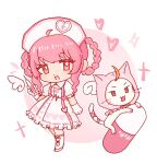  1girl above-cleavage_cutout ahoge alternate_costume angel_wings animal belt belt_collar bow bow_legwear bowtie braid braided_hair_rings brown_eyes cardiogram cartoon_wings cat chibi cloak clothed_animal clothing_cutout collar collared_dress cross cross_print daitudebenkaka472 detached_wings dot_nose dress drop_shadow ear_covers eyelashes frilled_cloak frilled_dress frilled_sleeves frilled_socks frills gloves hair_rings halftone happy hat heart heart_print highres holding holding_syringe hood hood_up hooded_cloak infinity_nikki kneehighs leg_cutout light_blush looking_at_viewer medium_dress mini_wings momo_(nikki) nikki_(nikki) nikki_(series) nurse nurse_cap open_mouth oversized_object pill pink_background pink_belt pink_bow pink_bowtie pink_cloak pink_hair pink_ribbon pink_shoes print_cloak print_dress print_headwear puffy_sleeves red_bow ribbon shoes short_hair_with_long_locks sidelocks smile socks standing sweet_diagnosis_(infinity_nikki) syringe tail tail_ornament tail_ribbon tape_measure traditional_bowtie two-tone_background wavy_hair white_background white_cat white_dress white_gloves white_hat white_socks wings 