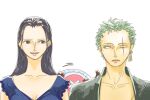  1girl 2boys antlers black_hair blue_shirt commentary_request cross earrings green_hair hair_slicked_back hat hood horns japanese_clothes jewelry kimono long_hair looking_at_viewer multiple_boys nico_robin nikoban one_eye_closed one_piece pink_hat reindeer_antlers roronoa_zoro scar scar_across_eye scar_on_face shirt short_hair simple_background smile stitched_torso stitches tony_tony_chopper white_background 
