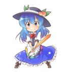  blue_dress blue_eyes blue_hair blush boots bow bowtie chibi dress food fruit hat hinanawi_tenshi long_hair peach solo standing sword sword_of_hisou tobi_(nekomata_homara) touhou weapon 