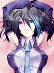  armpits arms_up between_breasts black_hair blue_eyes blue_neckwear breasts detached_sleeves face heterochromia jin_(mugenjin) large_breasts necktie red_eyes solo twintails utau yokune_ruko 