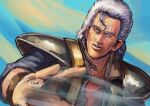  1boy absurdres blind chanta_(ayatakaoisii) grey_hair highres hokuto_no_ken male_focus scar scar_across_eye scar_on_face shoulder_pads shu_(hokuto_no_ken) solo swiping upper_body 
