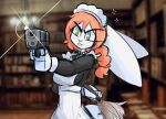 2026 abbi_(kilinah) aiming_at_viewer anthro breasts cleaning_tool clothed clothed_anthro clothed_female clothing feather_duster female freckled_face freckles fur green_eyes gun hair handgun hi_res holding_gun holding_object holding_ranged_weapon holding_weapon kilinah lagomorph leporid long-ears maid_headdress maid_uniform mammal orange_hair pistol rabbit ranged_weapon solo uniform weapon white_body white_fur
