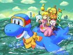  +++ 2girls 3boys :d ^_^ bandana bandana_around_neck belt black_eyes blue_gem blue_skin blue_sky brown_belt closed_eyes closed_mouth cloud colored_skin commentary crown day dorrie dress dulles_(mario) earrings elbow_gloves ellow_(mario) eyelashes gem gloves goggles green_skin hand_up highres ireen_(mario) jewelry long_hair loog_(mario) mario_&amp;_luigi:_brothership mario_&amp;_luigi_rpg mario_(series) multiple_boys multiple_girls ocean open_mouth orange_bandana outdoors pink_dress pink_hair pink_lips princess_peach puffy_short_sleeves puffy_sleeves red_gem riding ship short_sleeves sidelocks silhouette sitting sky smile sphere_earrings star_(symbol) starlow untranslatable_commentary water watercraft white_gloves yamari_(ya_mari_6363) yellow_bandana yellow_skin 