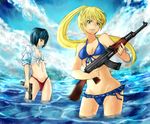  ak-47 assault_rifle bikini black_hair blonde_hair cloud day eiji_(eiji) frilled_bikini frills front-tie_top glock green_eyes grin gun handgun highres long_hair multiple_girls navel ocean original pistol ponytail red_eyes rifle shirt short_hair sleeves_rolled_up smile swimsuit tied_shirt trigger_discipline wading water weapon wet 