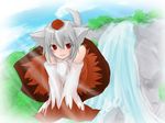  animal_ears blush cloud day flying hat inubashiri_momiji monrooru red_eyes sky smile solo tail tokin_hat touhou v_arms water waterfall white_hair wolf_ears wolf_tail 