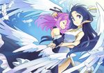  angel_wings bare_shoulders blue_eyes blue_hair china_dress chinese_clothes closed_eyes dress face feathers flying highres hug long_hair minoa_(lastswallow) multiple_girls original pink_hair pointy_ears wings 