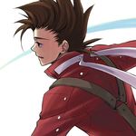  black_eyes brown_hair iwatsuki lloyd_irving male_focus open_mouth profile red_shirt shirt simple_background solo suspenders tales_of_(series) tales_of_symphonia white_background 