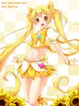  blonde_hair boots bow character_name choker copyright_name cure_sunshine flower hair_ribbon heart heartcatch_precure! long_hair magical_girl midriff myoudouin_itsuki navel open_mouth orange_choker precure ribbon skirt solo sunflower twintails wrist_cuffs yellow yellow_background yellow_bow yellow_eyes yellow_skirt yukinon_(tsuki_koubou) 