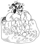  6_breasts anthro billy_fore bodily_fluids breasts canid canine ear_piercing ear_tag hi_res hypnotic_eyes lactating male mammal meek_(character) multi_breast piercing raccoon_dog solo tanuki 
