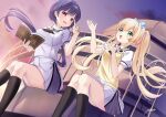  2girls :d \||/ absurdres ascot black_ascot black_socks blonde_hair blue_bow blurry blurry_background blush book bow breasts commentary dutch_angle feet_out_of_frame floating_hair green_eyes hair_between_eyes hair_bow hands_up highres holding holding_book index_finger_raised kneehighs large_breasts lighthouse long_hair looking_at_another low_ponytail miniskirt miraikanai mizuori_shizuku multiple_girls open_book open_mouth outdoors pink_eyes ponytail puffy_short_sleeves puffy_sleeves purple_hair ringed_eyes sailor_collar scene_reference school_uniform serafuku shirt short_sleeves sidelocks signature sitting skirt small_breasts smile socks summer_pockets summer_pockets_school_uniform sunset sweater_vest tsumugi_wenders twintails very_long_hair white_bow white_sailor_collar white_serafuku white_shirt white_skirt yellow_sweater_vest 