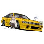  1girl ahoge brown_eyes brown_hair brown_shoes brown_skirt car crossed_arms energy_drink glasses highres hololive hololive_english hood hoodie knees_to_chest looking_at_viewer motor_vehicle nanashi_mumei nanashi_mumei_(casual) plaid_clothes plaid_skirt shoes simple_background skirt sneakers solo squatting tetsujin_525-gou_k's twitter_username vehicle_request white_background white_hoodie yellow_car 