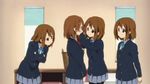  animated animated_gif brown_eyes brown_hair hirasawa_ui hirasawa_yui k-on! lowres multiple_girls pantyhose school_uniform short_hair siblings sisters third-party_edit 