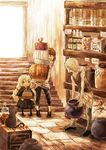  2boys ^_^ bad_id bad_pixiv_id blonde_hair book bottle carrying cat child closed_eyes day door indoors long_hair morikawa_sumio multiple_boys original shelf stairs vase 