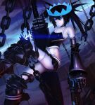  armored_boots belt belt_skirt black_hair black_rock_shooter black_rock_shooter_(character) black_rock_shooter_beast blue_crown blue_eyes boots chain crown floating_crown glowing glowing_eye gun handgun huge_weapon long_hair pale_skin skeletal_hand stitched_chest stitched_torso stitches sturmjaeger_(daybreaks0) sword thighs twintails uneven_twintails weapon 