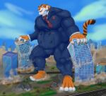accessory alternate_costume anthro belly belly_tuft body_hair building building_destruction bulge city city_destruction clothed clothing destruction disney felid fully_clothed fur hi_res jabuhusky macro male mammal musclegut muscular muscular_arms muscular_legs muscular_male necktie official_alternate_costume orange_body orange_fur pantherine pecs shere_khan solo striped_body striped_fur stripes suit tail talespin the_jungle_book tiger tuft white_body white_fur yellow_sclera