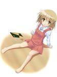  barefoot brown_eyes brown_hair dutch_angle feet hair_ornament hidamari_sketch koko_(koko3) school_uniform short_hair sketchbook solo x_hair_ornament yuno 